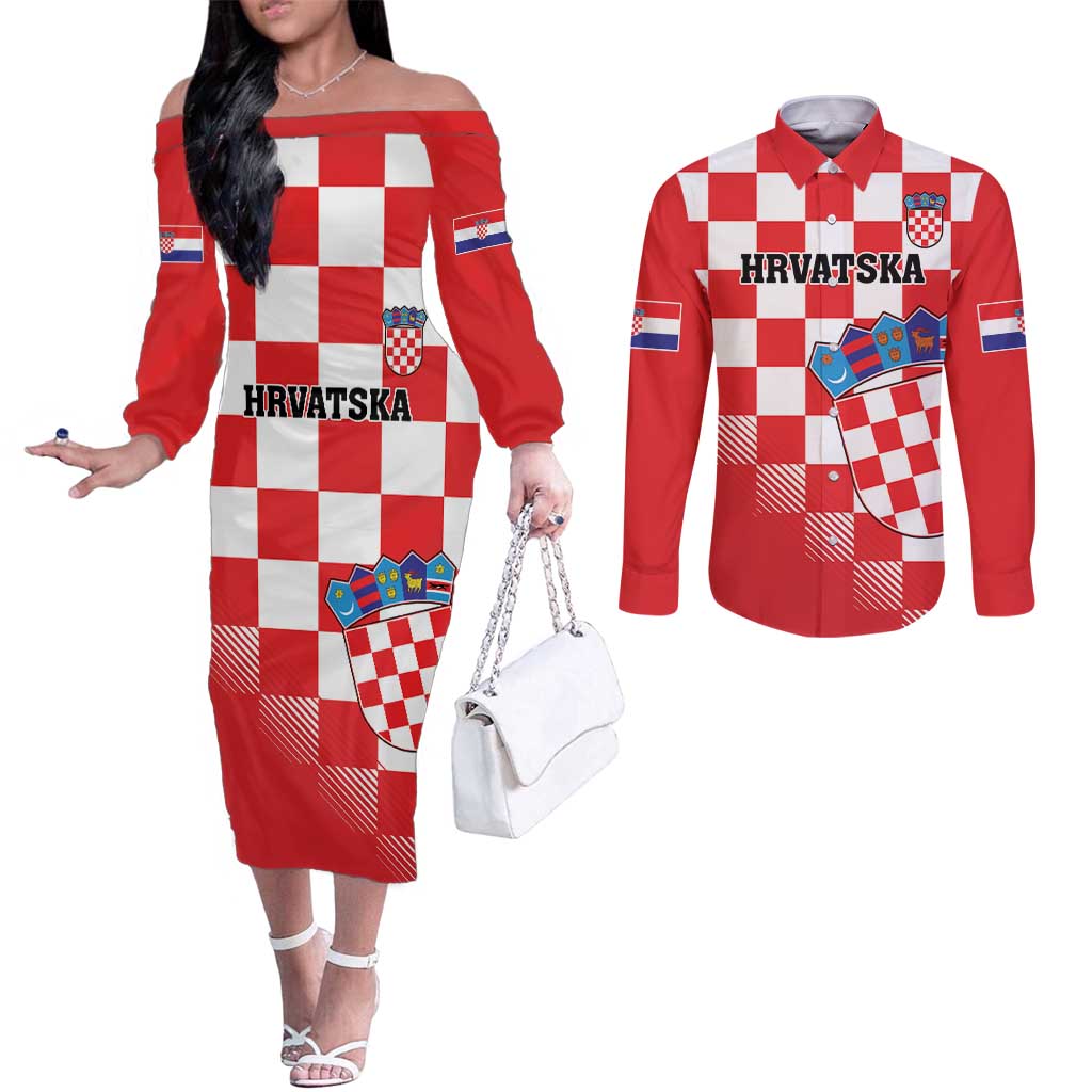 Custom Croatia Checkerboard Couples Matching Off The Shoulder Long Sleeve Dress and Long Sleeve Button Shirt With Coat Of Arms