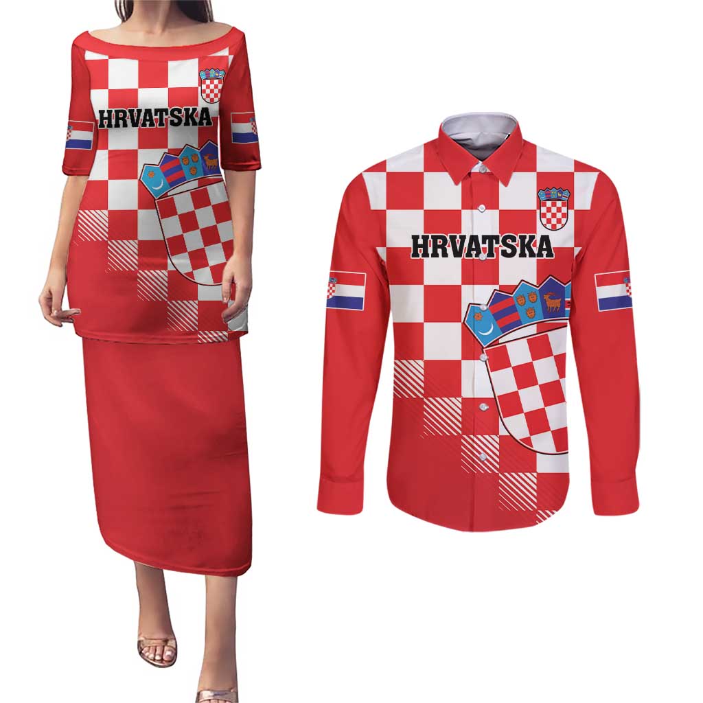 Custom Croatia Checkerboard Couples Matching Puletasi and Long Sleeve Button Shirt With Coat Of Arms