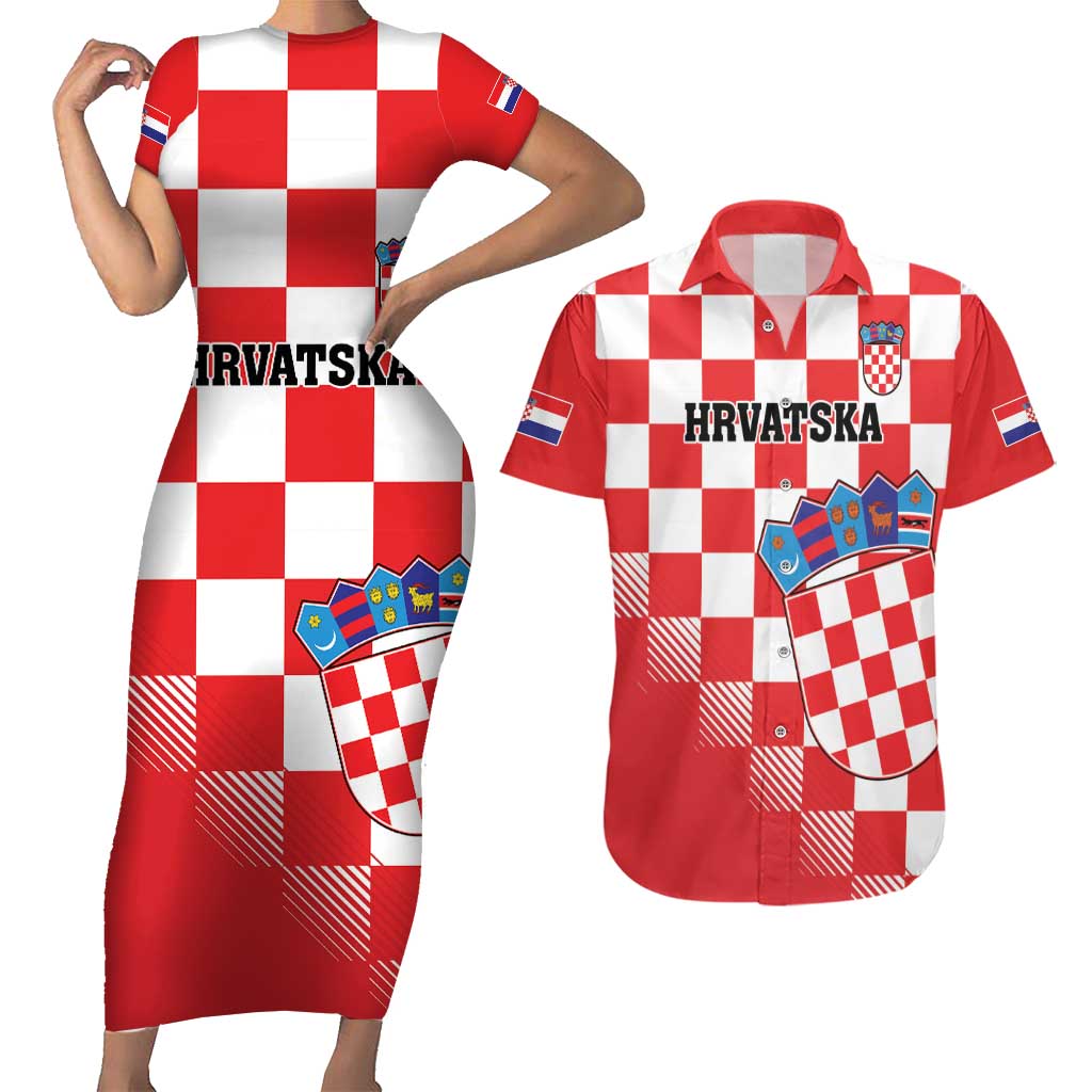 Custom Croatia Checkerboard Couples Matching Short Sleeve Bodycon Dress and Hawaiian Shirt With Coat Of Arms