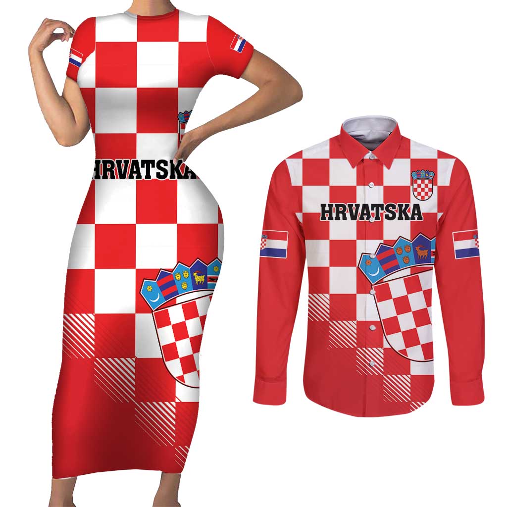 Custom Croatia Checkerboard Couples Matching Short Sleeve Bodycon Dress and Long Sleeve Button Shirt With Coat Of Arms