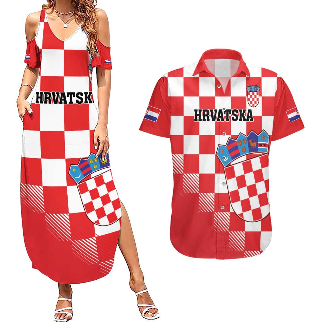 Custom Croatia Checkerboard Couples Matching Summer Maxi Dress and Hawaiian Shirt With Coat Of Arms