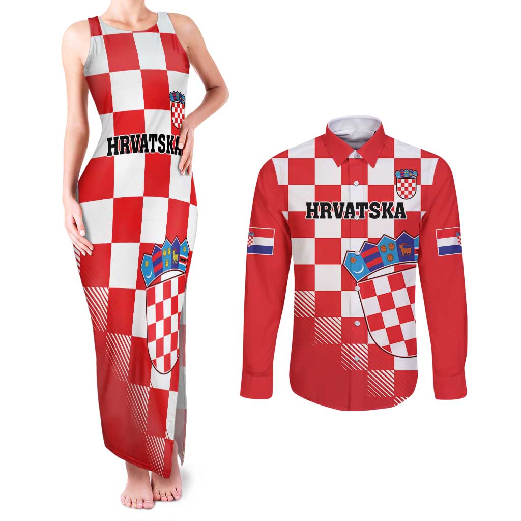 Custom Croatia Checkerboard Couples Matching Tank Maxi Dress and Long Sleeve Button Shirt With Coat Of Arms