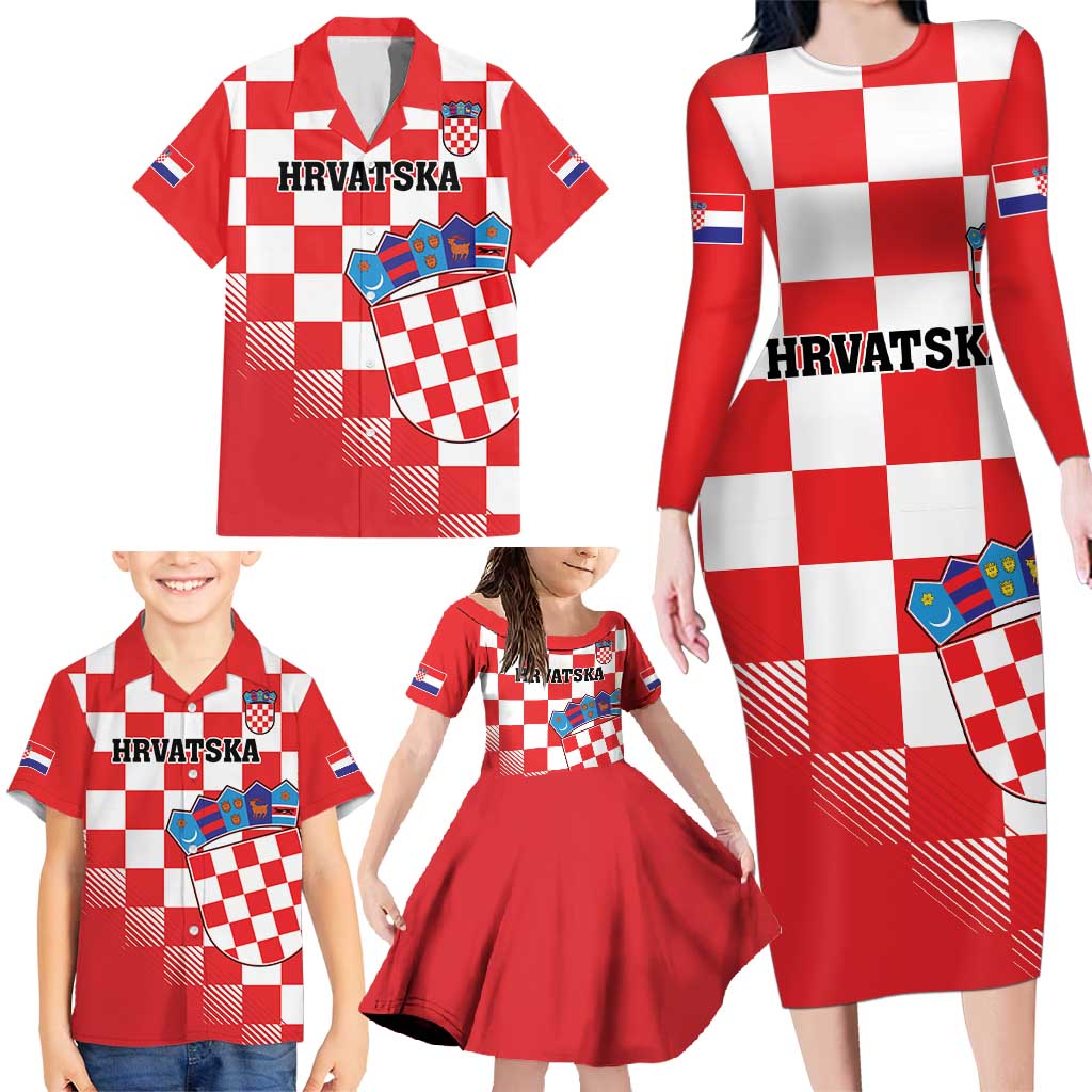 Custom Croatia Checkerboard Family Matching Long Sleeve Bodycon Dress and Hawaiian Shirt With Coat Of Arms - Wonder Print Shop