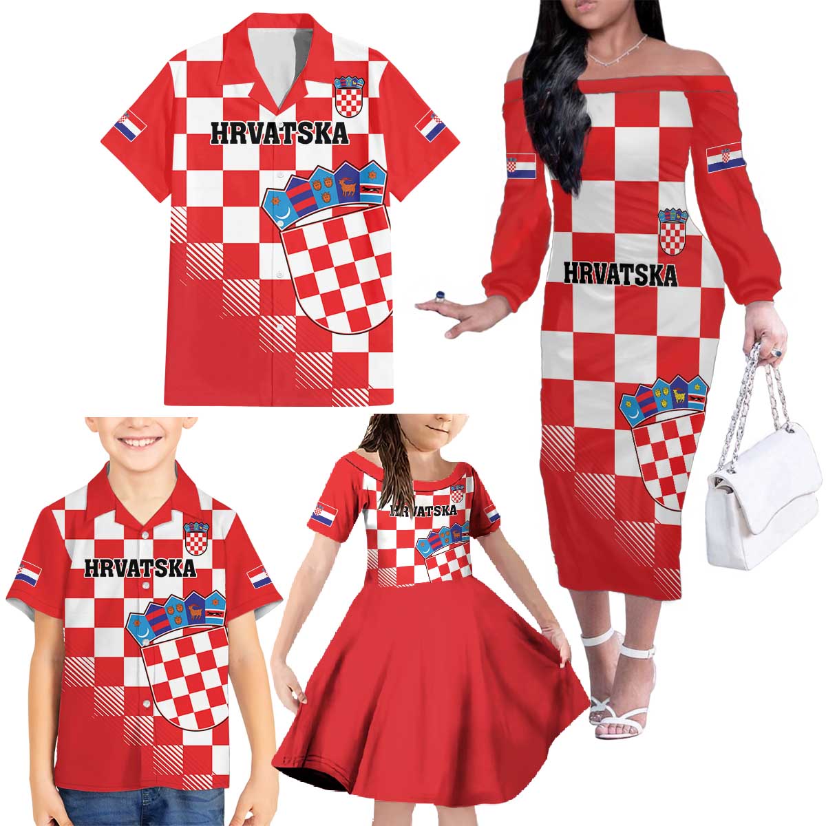 Custom Croatia Checkerboard Family Matching Off The Shoulder Long Sleeve Dress and Hawaiian Shirt With Coat Of Arms - Wonder Print Shop