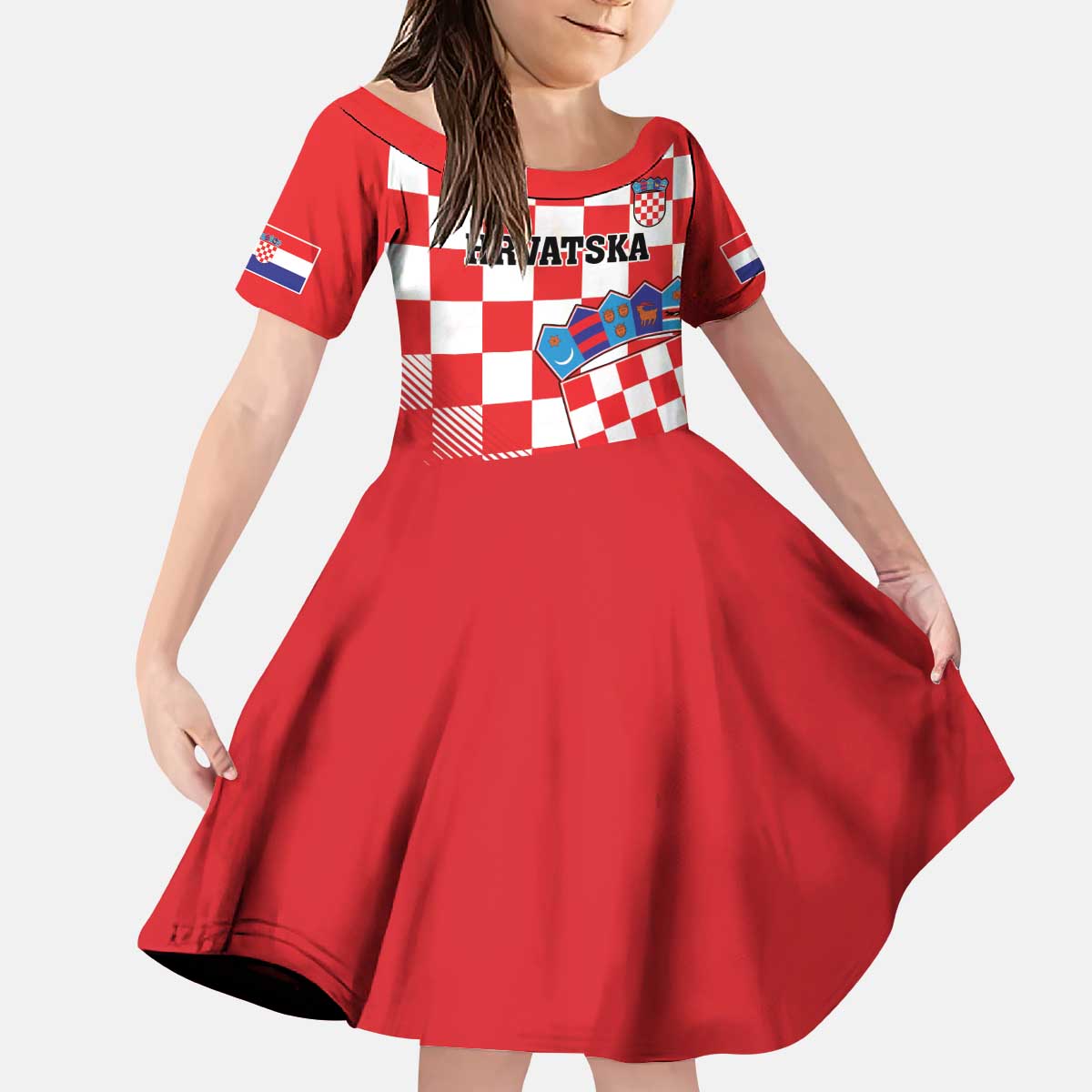 Custom Croatia Checkerboard Kid Short Sleeve Dress With Coat Of Arms - Wonder Print Shop