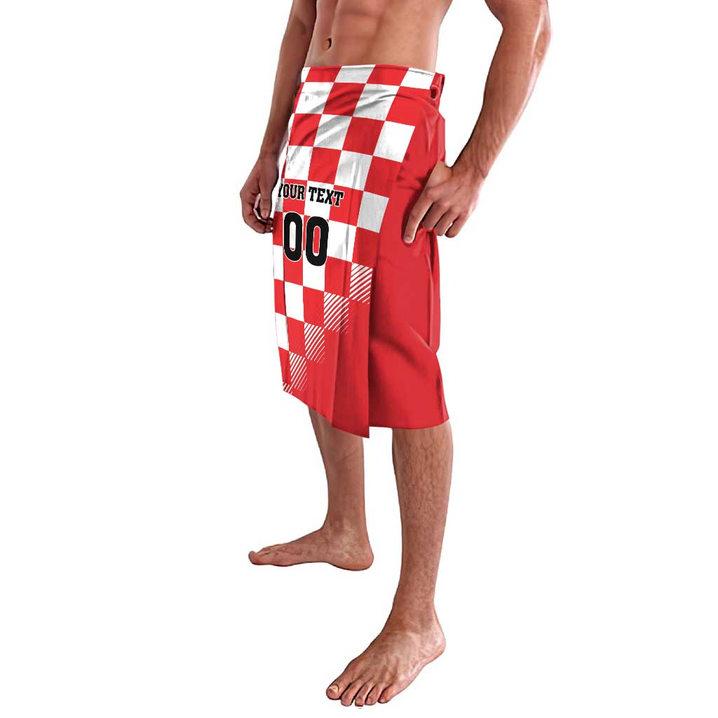 Red checkered lavalava wrap skirt with YOUR TEXT 00 graphic on side