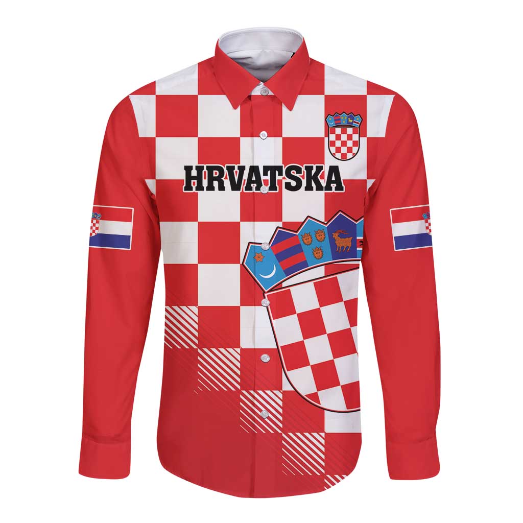 Red and white checkerboard long-sleeve button shirt with crest and HRVATSKA