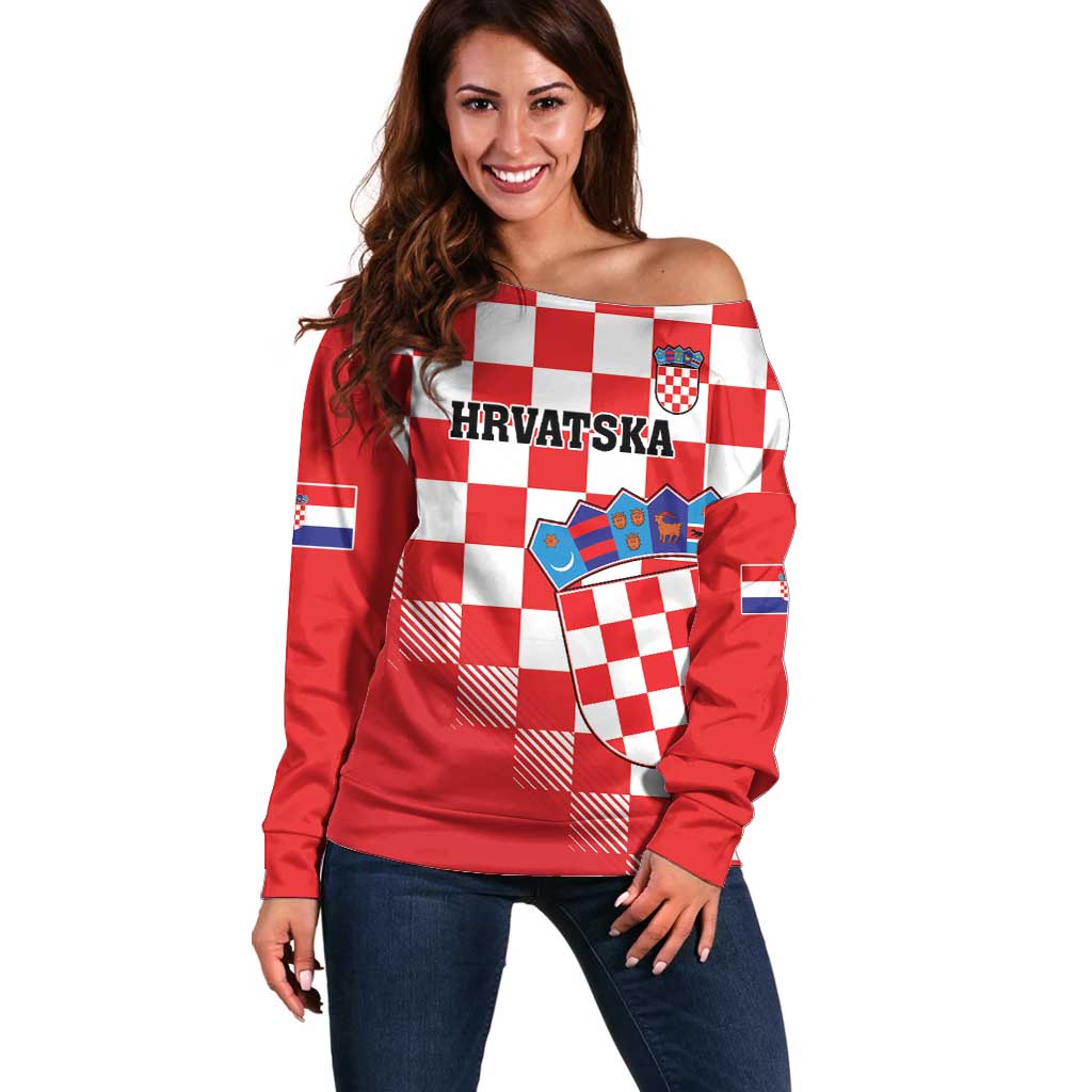 Custom Croatia Checkerboard Off Shoulder Sweater With Coat Of Arms - Wonder Print Shop