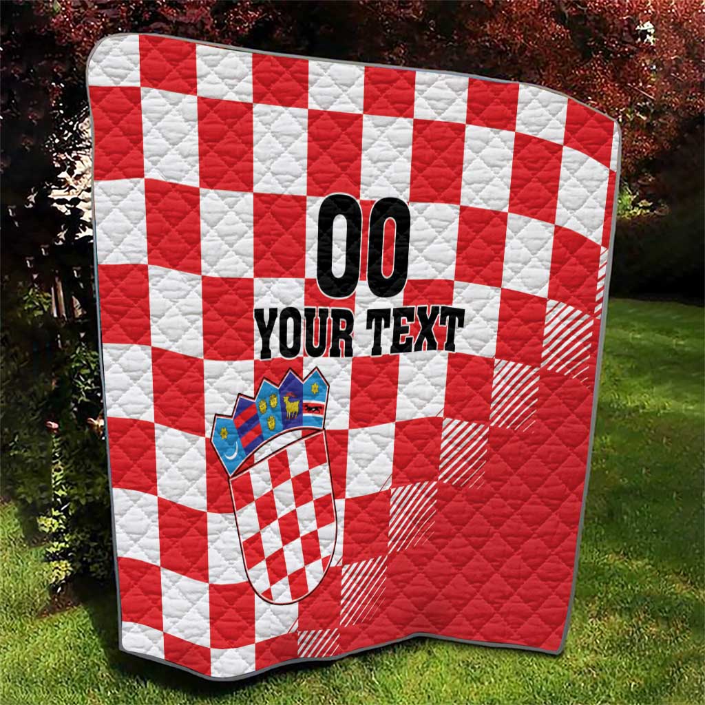 Red and white checkerboard quilt with coat of arms emblem and 'YOUR TEXT' text