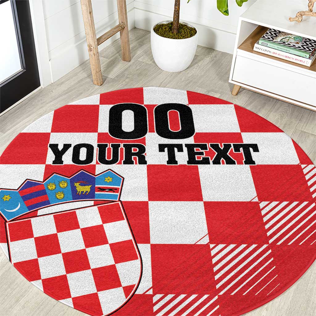 Round red-and-white checkerboard carpet featuring 'YOUR TEXT' and crest