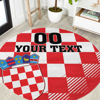 Round red-and-white checkerboard carpet featuring 'YOUR TEXT' and crest
