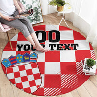 Round red-and-white checkerboard carpet with 'YOUR TEXT' text; crest on left