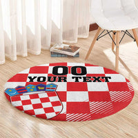 Round red-and-white checkerboard carpet with bold 'YOUR TEXT' and coat-of-arms