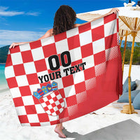 Custom red and white checkerboard sarong with coat of arms and 'YOUR TEXT' print