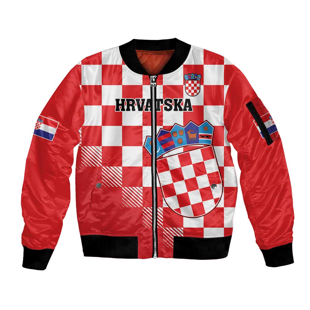 Custom Croatia Checkerboard Sleeve Zip Bomber Jacket With Coat Of Arms - Wonder Print Shop