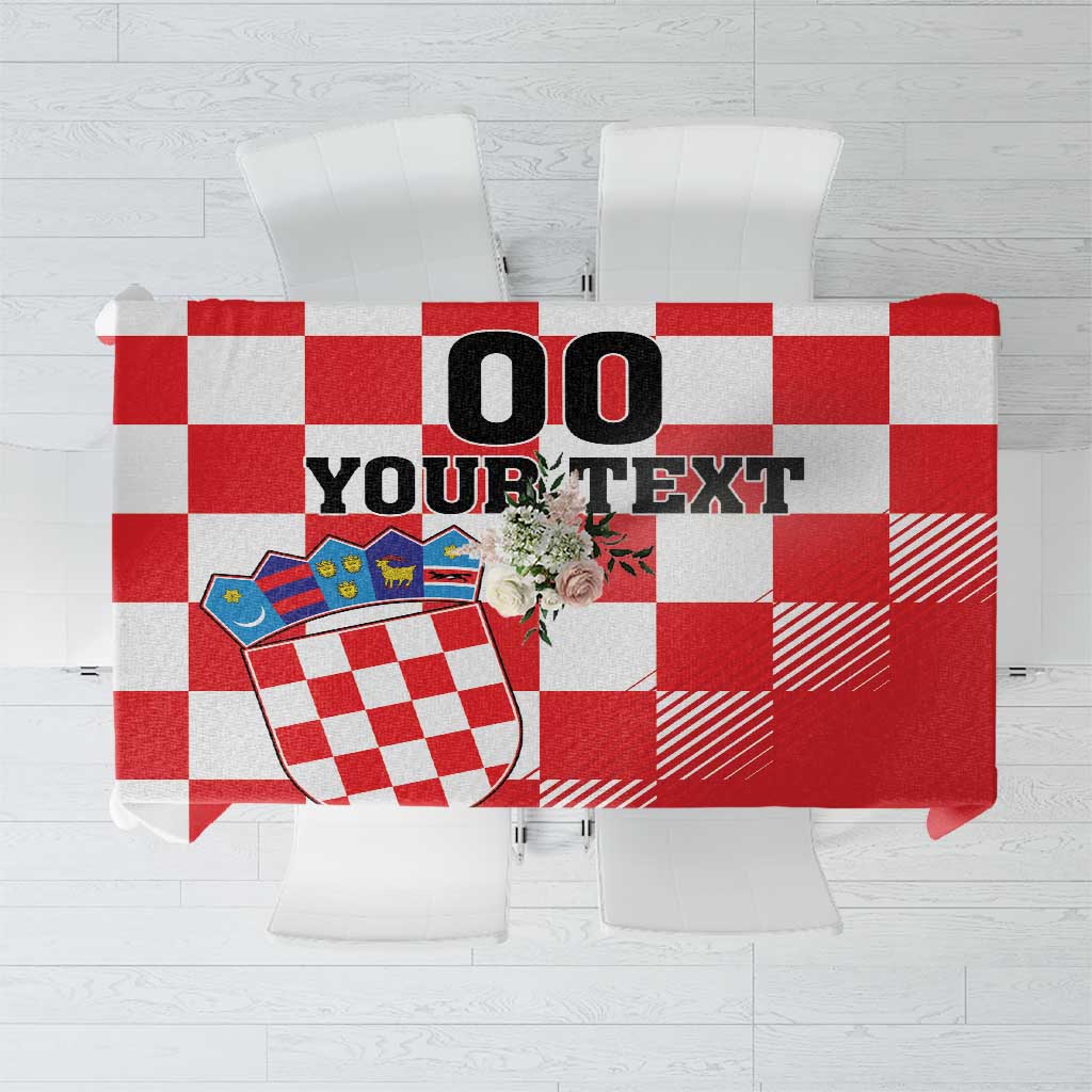Red and white checkerboard tablecloth with large coat of arms panel and blank text area