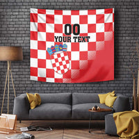 Red and white checkerboard Croatia tapestry with coat of arms crest and custom text