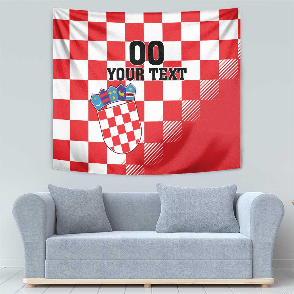 Red and white checkerboard Croatia wall tapestry with coat of arms shield and custom text