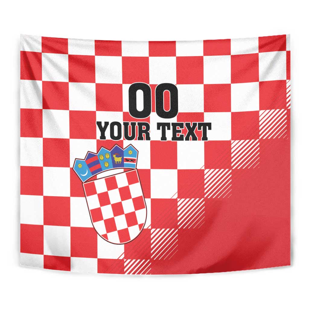 Red and white checkerboard Croatia tapestry with coat of arms crest and bold custom text