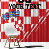Close-up red and white check curtain fabric with coat of arms and custom text