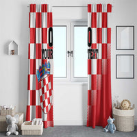 Red and white checkered window curtains with crest and custom text, hanging side by side