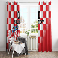 Red and white checkerboard curtain panels with crest logo and custom text across top