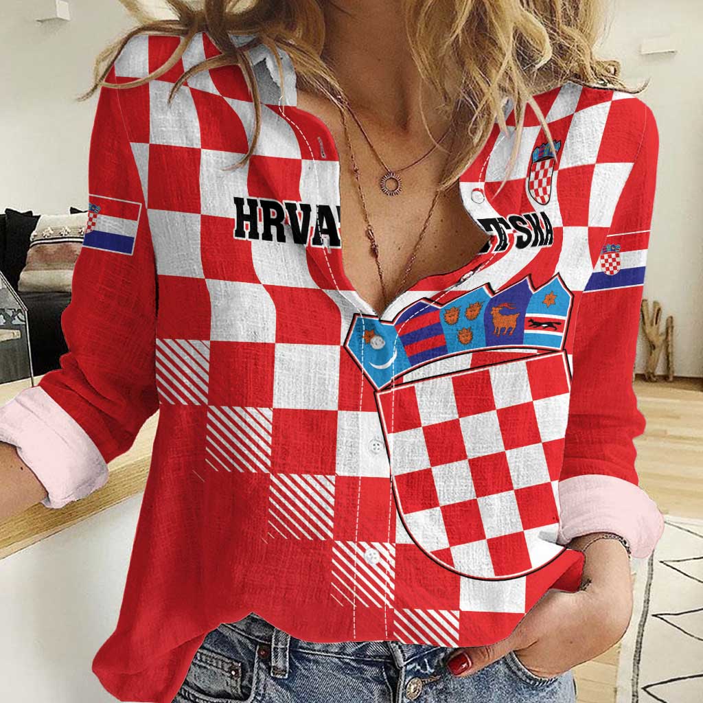 Custom Croatia Checkerboard Women Casual Shirt With Coat Of Arms