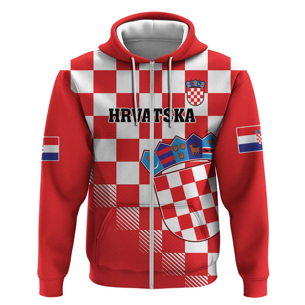 Custom Croatia Checkerboard Zip Hoodie With Coat Of Arms - Wonder Print Shop