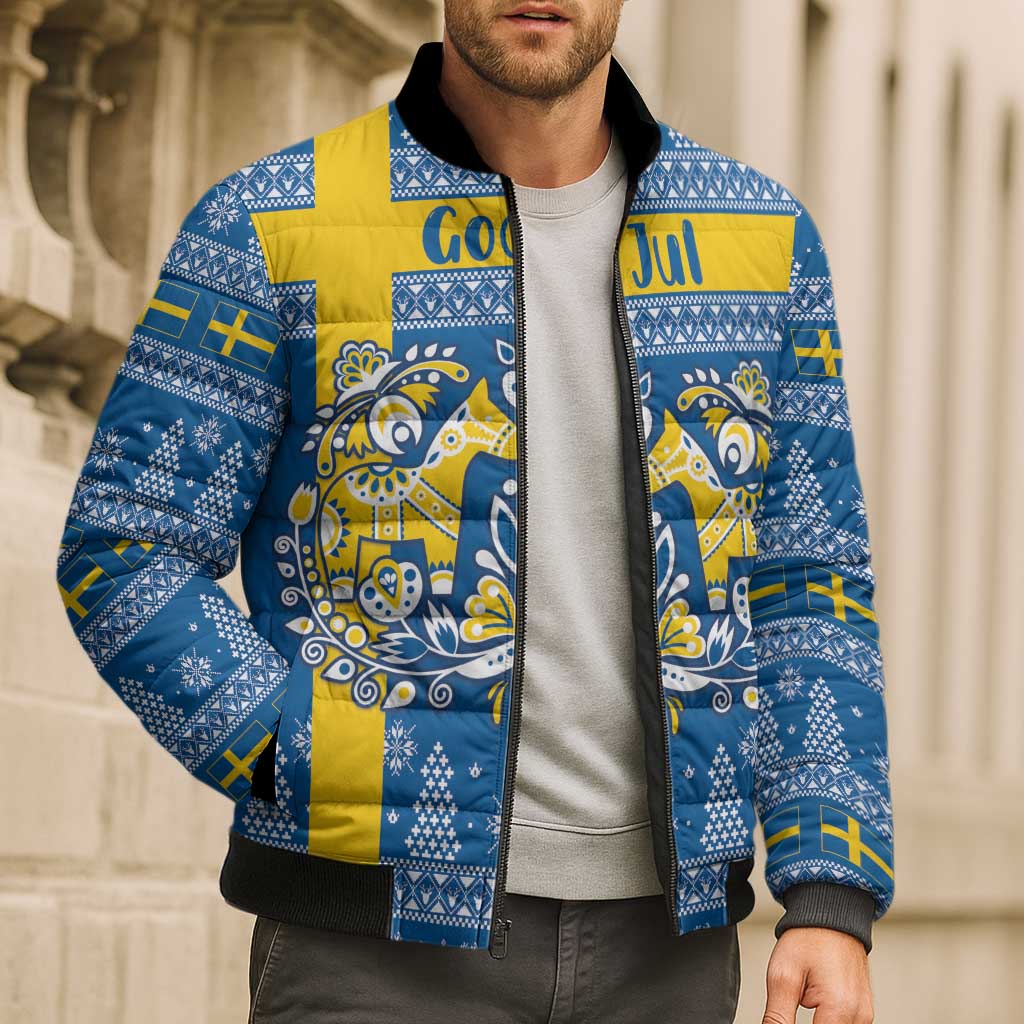 Sweden Christmas Personalized Bomber Puffer Jacket Dala Horse God Jul - Wonder Print Shop