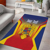 Personalized area rug with Romania-inspired flag colors, crest center, and 'Your Text'