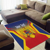 Personalized Romania area rug with blue and red flag design, crest emblem, and text