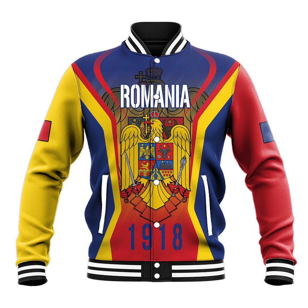 Blue, red, and yellow baseball jacket with striped front, Romania crest, and 1918 print