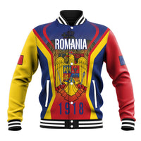 Blue, red, and yellow baseball jacket with striped front, Romania crest, and 1918 print