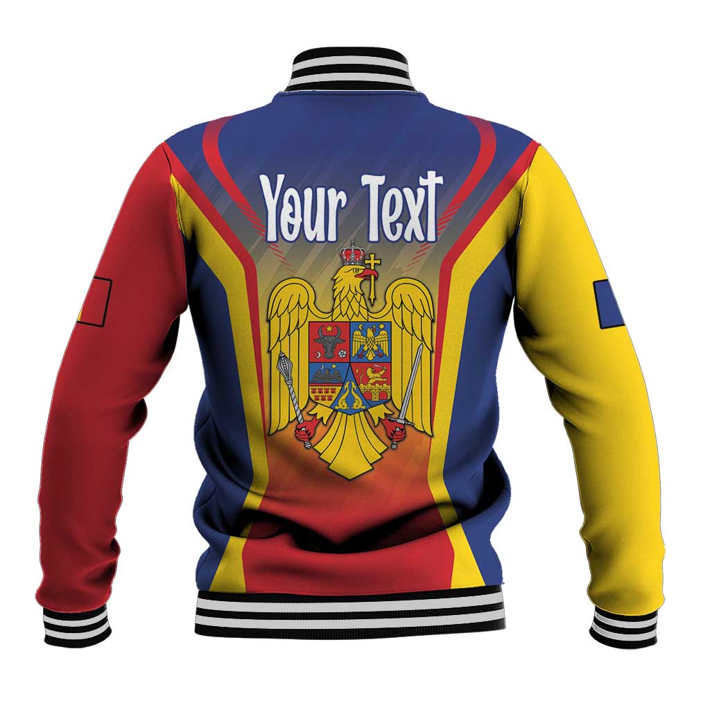 Back view of blue, red, and yellow baseball jacket with striped design, Your Text, and crest
