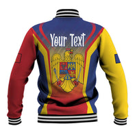 Back view of blue, red, and yellow baseball jacket with striped design, Your Text, and crest