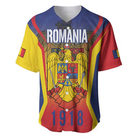 Baseball jersey in blue, red, and yellow with ROMANIA crest and 1918 front graphic