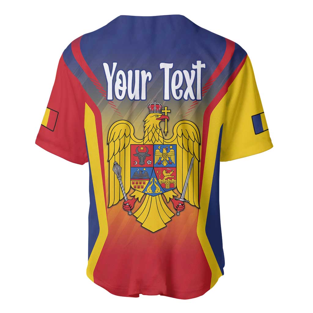 Baseball jersey in blue, red, and yellow with back crest and 'Your Text' lettering