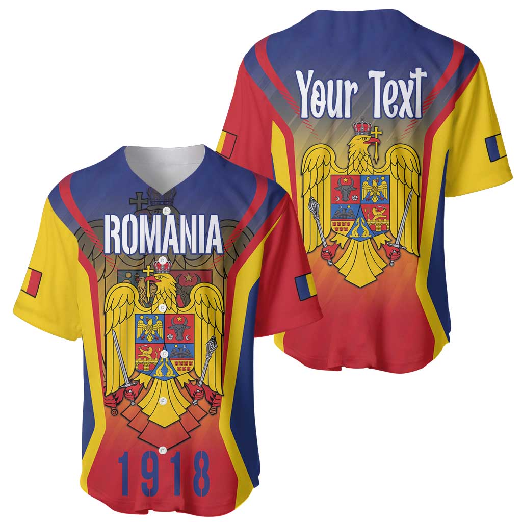 Two-view personalized baseball jersey set: front 'ROMANIA 1918' and back 'Your Text' crest