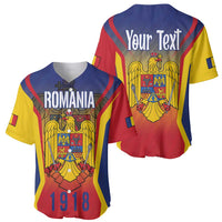 Two-view personalized baseball jersey set: front 'ROMANIA 1918' and back 'Your Text' crest