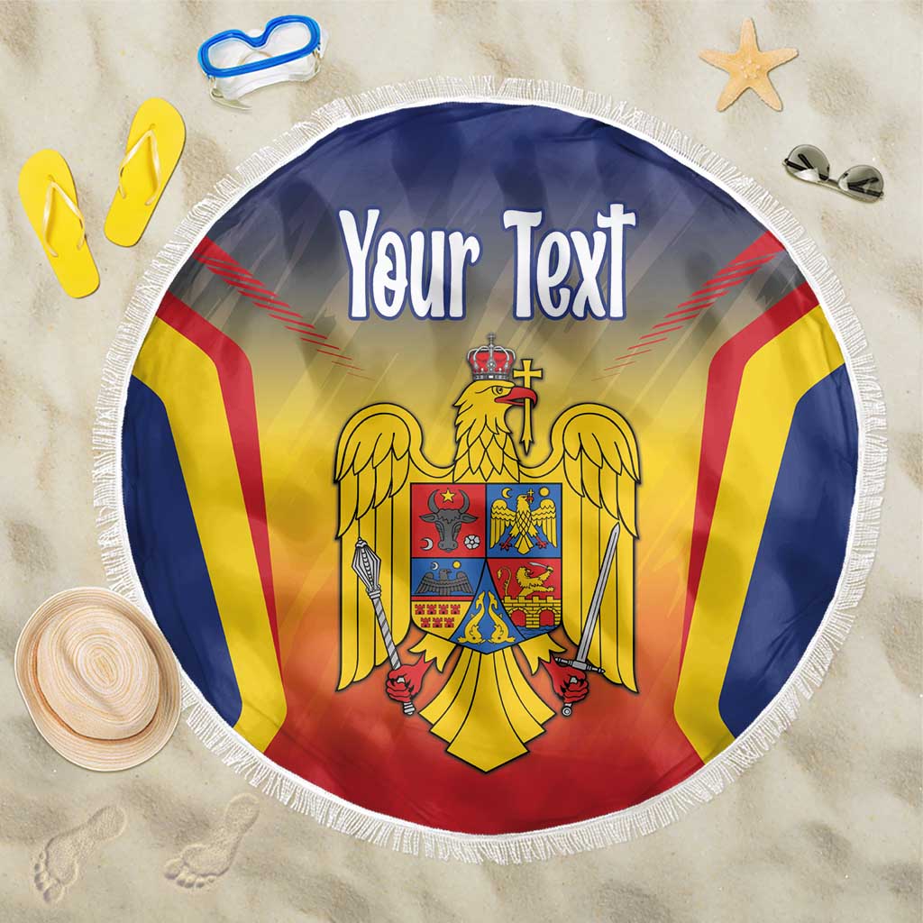 Round beach blanket with Romanian flag crest, 'Your Text' header, white fringe edge