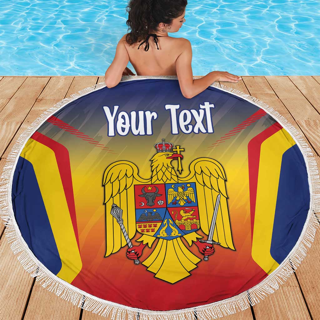 Round beach blanket with Romanian crest and 'Your Text', white fringe trim