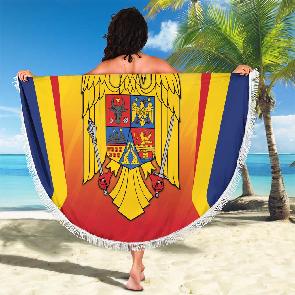 Round beach blanket with Romanian crest, 'Your Text', held up with white fringe border