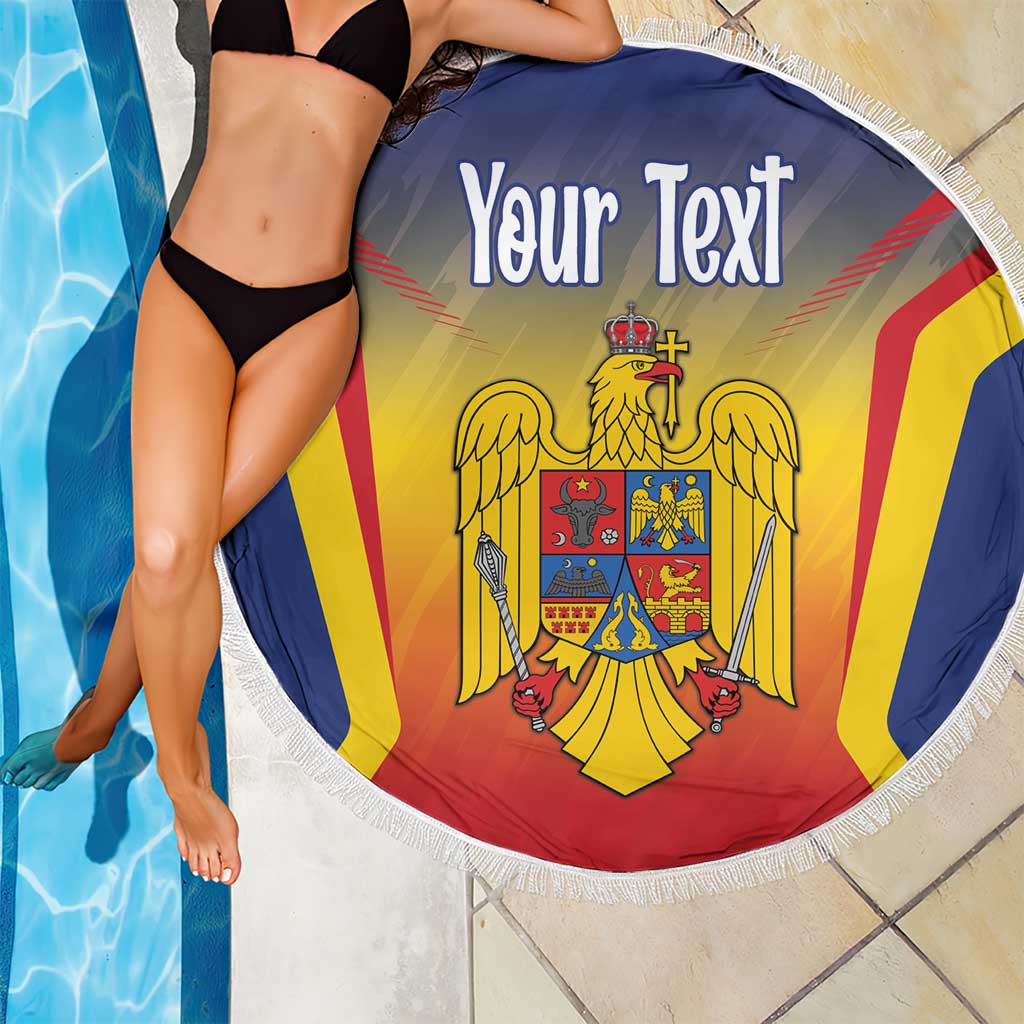 Round beach blanket with Romanian flag crest, 'Your Text' lettering, white fringe edge