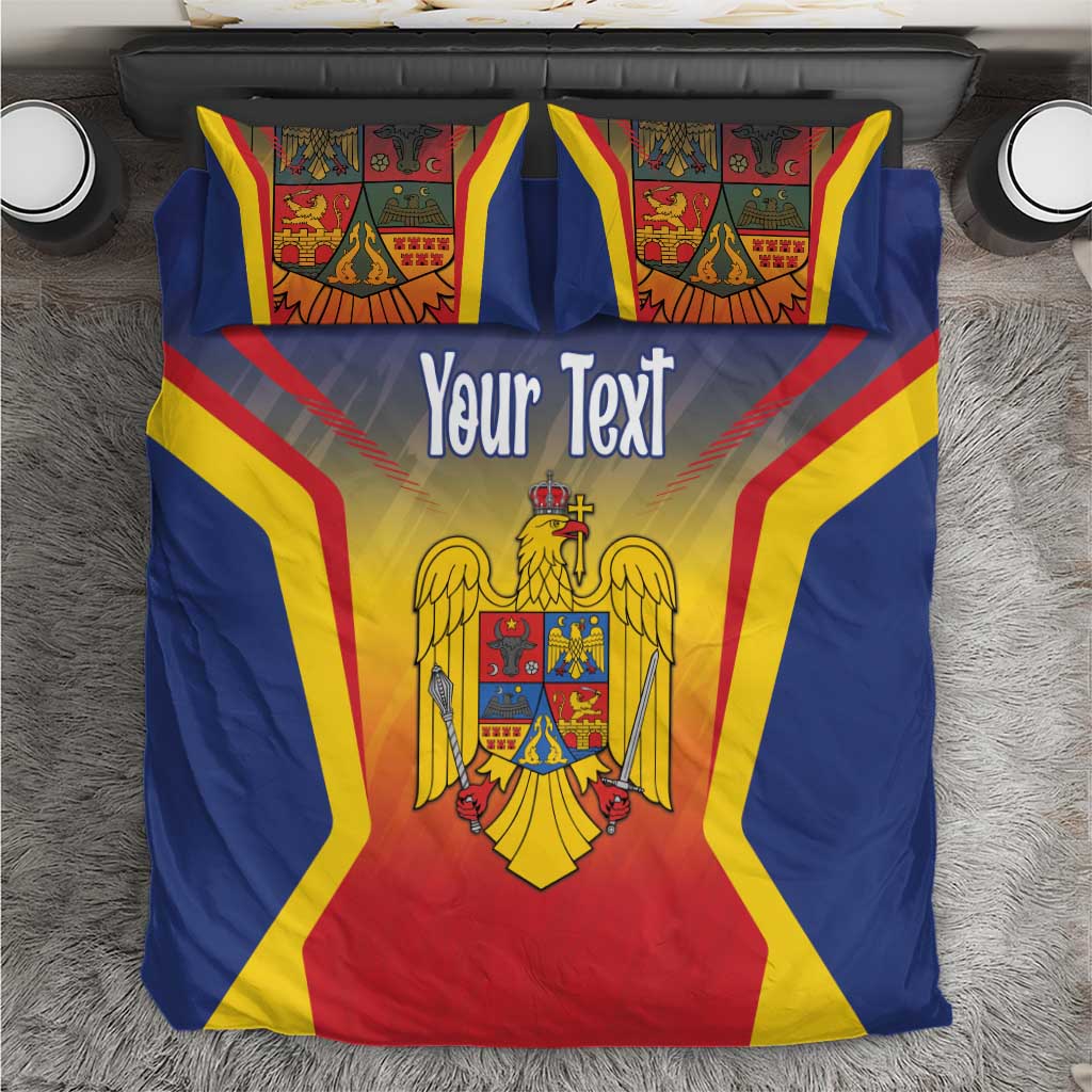 Blue flag-style bedding set with coat of arms and “Your Text,” plus two pillowcases
