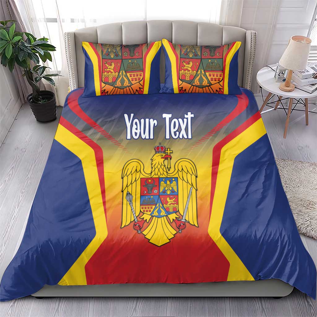 Blue flag bedding set with coat of arms and “Your Text” on comforter and two pillows