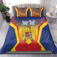 Blue flag bedding set with coat of arms and “Your Text” on comforter and two pillows