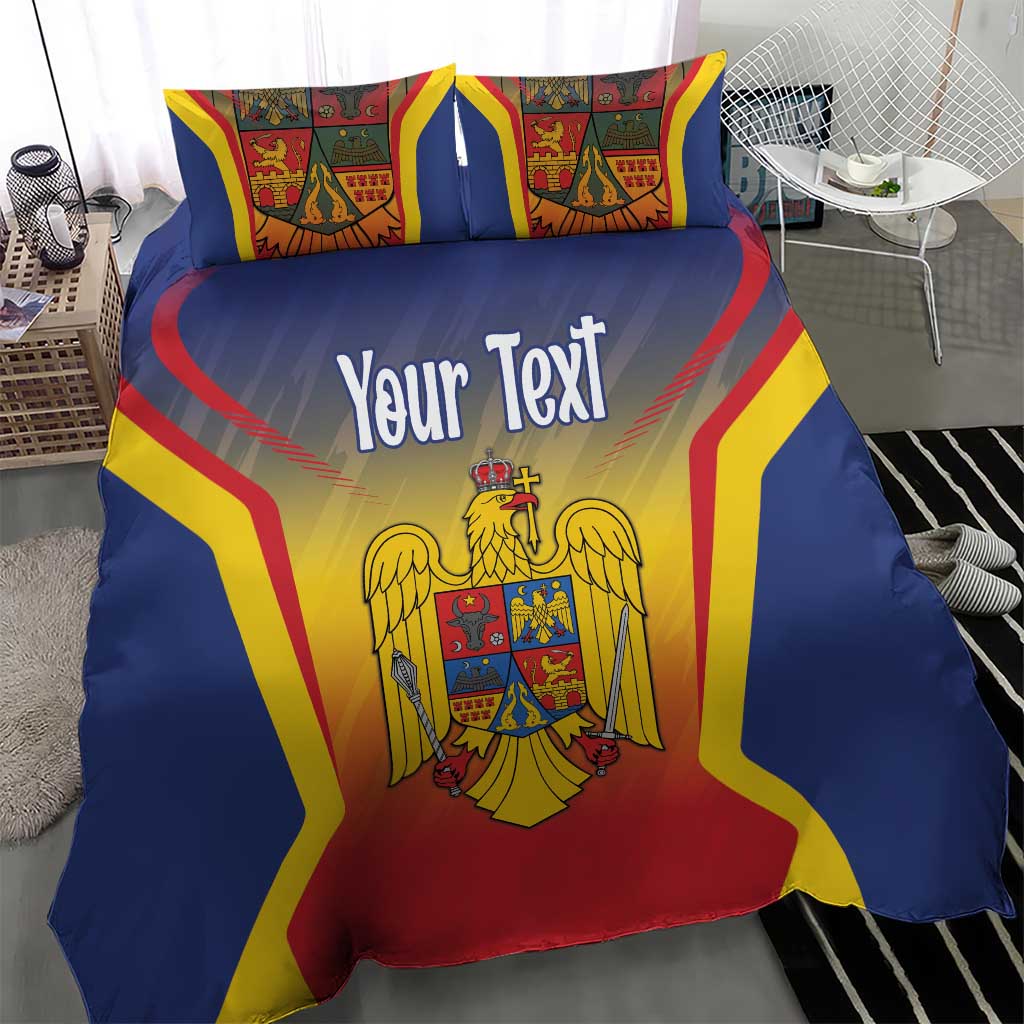 Blue flag bedding set with coat of arms and “Your Text,” shown on bed with pillows