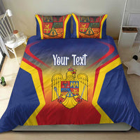 Blue flag bedding set with coat of arms and “Your Text,” plus two pillowcases