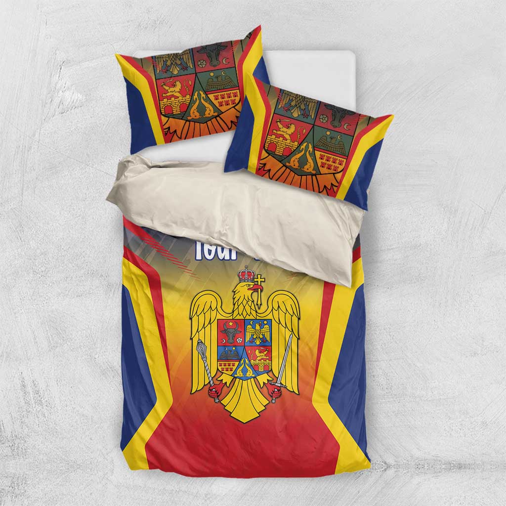 Blue flag bedding set with coat of arms and “Your Text,” with two decorative pillows