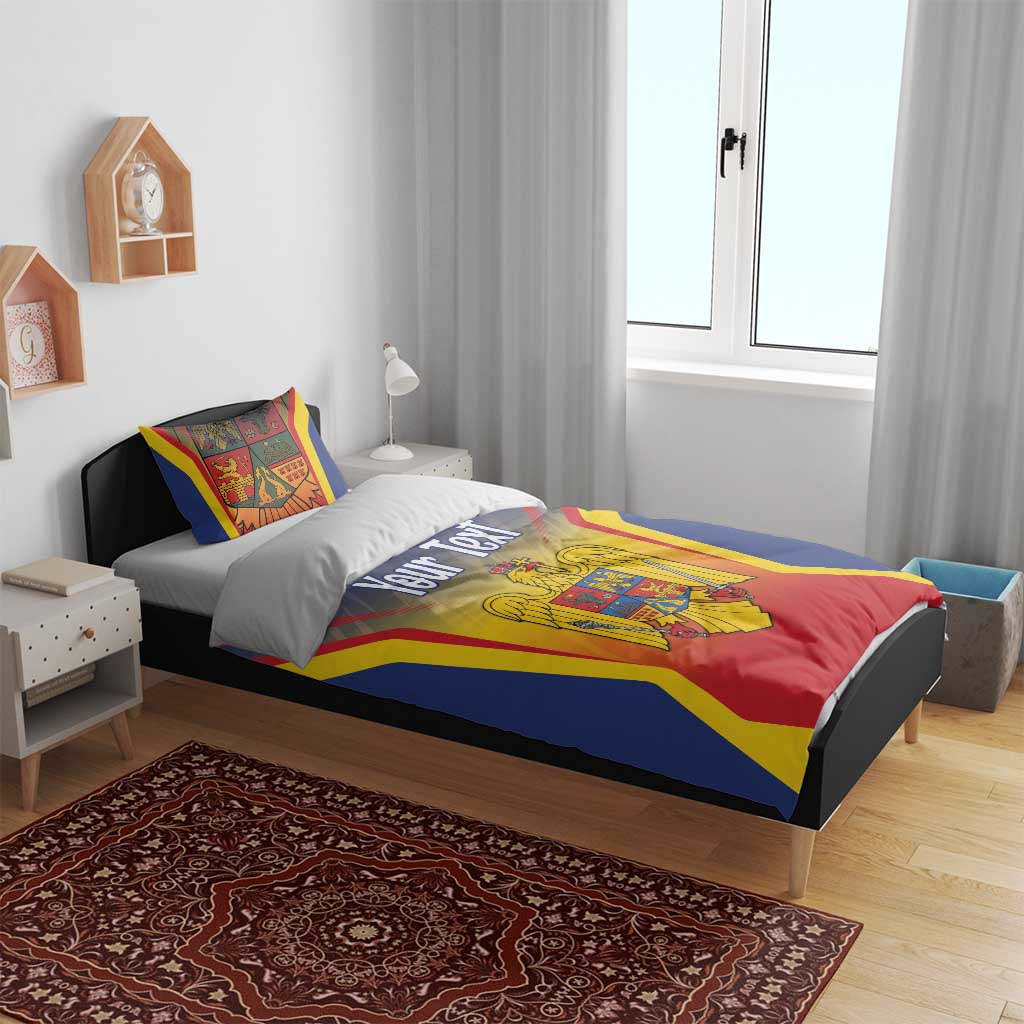 Blue flag bedding set with coat of arms and “Your Text” on comforter over bed
